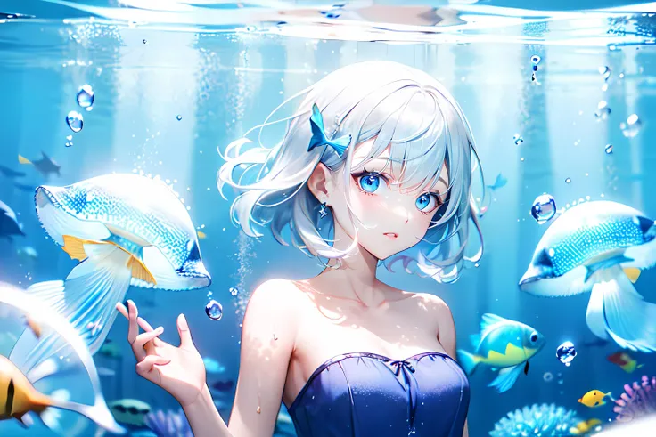 1girl, underwater, short hair, silver hair, blue eyes, blue dress, frilled dress, strapless dress, collarbone, bare shoulders, bare arms, bubble, fish, jellyfish