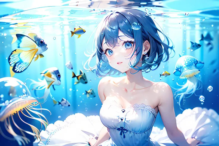 1girl, underwater, short hair, blue hair, blue eyes, white dress, frilled dress, strapless dress, collarbone, bare shoulders, bare arms, bubble, fish, jellyfish