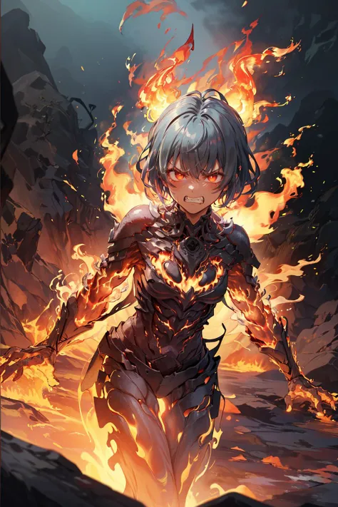 ((masterpiece)), (best quality), official art, extremely detailed CG, unity 8k wallpaper, ultra detailed,
1girl, fire elemental, pixie cut, anger, clenched teeth,
dynamic pose,
burning up a countryside,edge lighting,
<lora:RPGFireElemental:0.7>