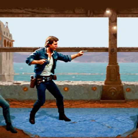 8K 2d pixel Masterpiece fighting game playing as ((1 Han Solo)) fighting pose, extremely detailed enchantingly beautiful mk style fighter sprites, (extremely detailed facial features), amazing cinematic lighting, immensely epic and lush background stage, ultra beautiful extremely detailed graphics, gorgeous composition, breathtaking visuals, high resolution, clean, high detail, sf3 style, full body view, center frame, wide shot, <lora:mk style:1> , fighting video gameplay <lora:Han Solo:1>
