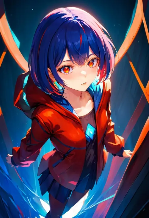 anime,(masterpiece, top quality, best quality, official art, beautiful and aesthetic:1.2), cinematic lighting, upper body, extreme detailed, studio anime, key visual, (bioluminescent details:1.1), (subsurface scattering:1.1), colorful, rim, virtual youtuber, 1girl, solo, blue hair, multicolored hair, red hair, short hair, bangs, multicolored eyes, hood, <lora:rim_sdxl_v1:1.0> looking at viewer, dynamic pose, dynamic angle, dynamic lighting, dungeon, bright,