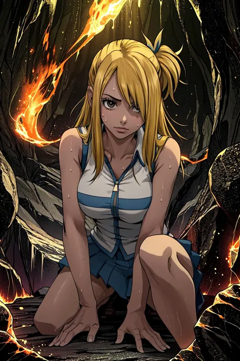 (masterpiece, best quality), intricate details, 1girl, <lora:Lucy_Heartfilia_Anime:0.8> Lucy_Heartfilia leaning forward, sweating, lava, cavern, (magma:1.2), hands on knees,