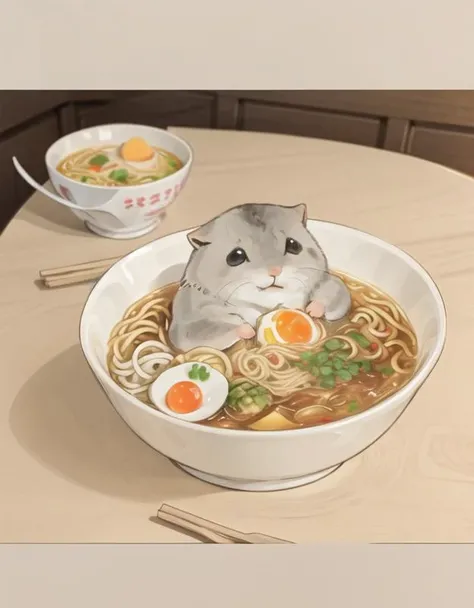 <lora:yeyuannnnn:1>, hamster, <lora:ramenGirl_v1:0.6> ramengirl, bowl of ramen, noodles