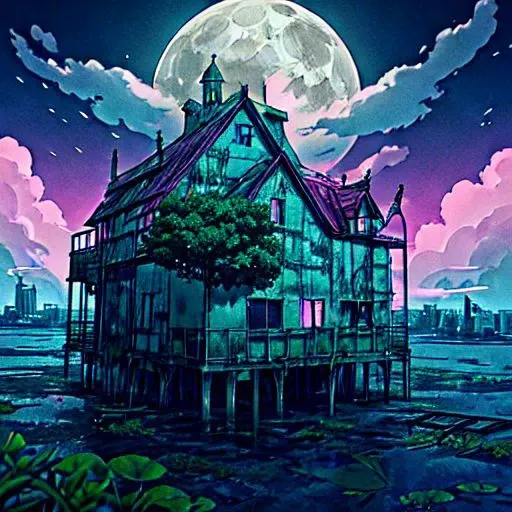 Abandon building, floating buildings, desolated, bright sky, clouds, ocean, dystopian, lush green, overgrown plants, pink tree, ghibli style, multiple moon, small moon