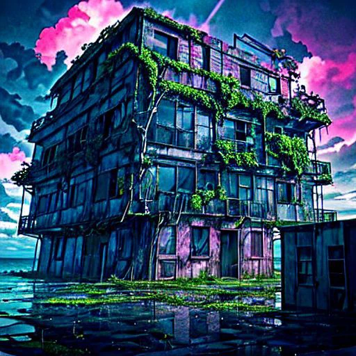Abandon building, floating buildings, desolated, bright sky, dawn, clouds, ocean, dystopian, lush green, overgrown plants, pink tree, ghibli style, meteorite