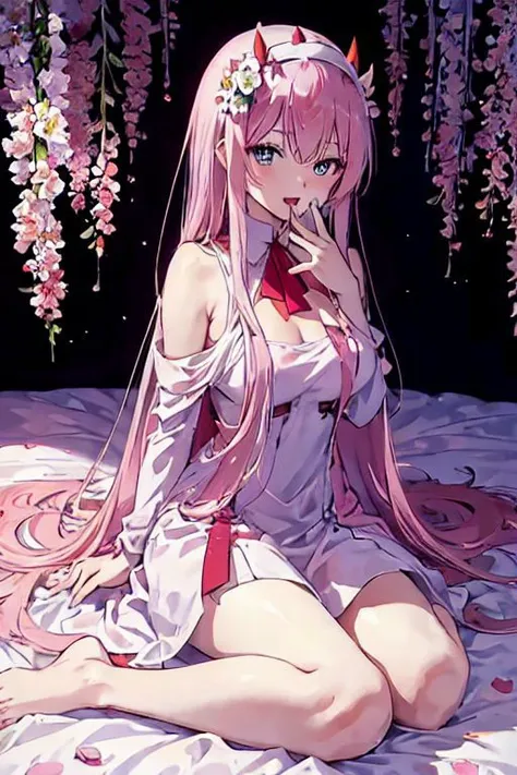 (masterpiece, best quality), 1girl, beautiful face, pink hair, upper body, zero two /(anime/), scenary, around flowers/(white and black/), Magnificent body, seductive, sitting on bed, full body, Hand on own mouth, Open mouth, happy expression, red dress, details dress,