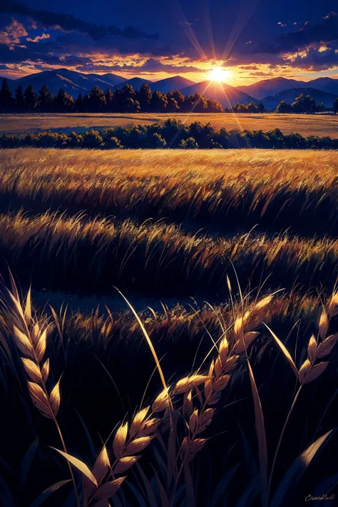 best quality, dynamic lighting, dark golden wheat field, low sun, sun rays,