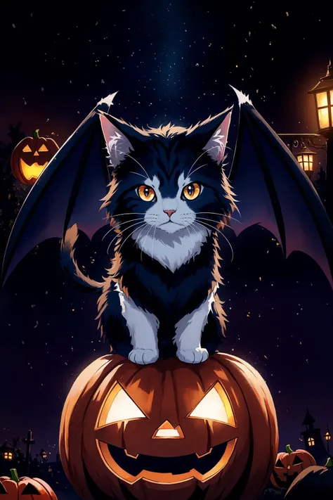 best quality, dynamic lighting, fluffy cat, halloween, bat wings,