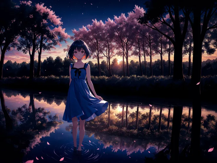 best quality, dynamic lighting, 1girl, summer dress, by pond, reflection on water, moonlight, orange sky, windy, cherry blossoms