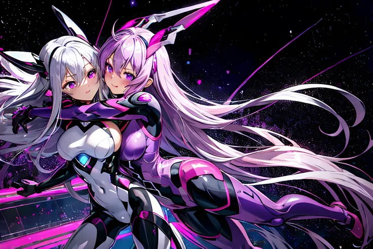 2girls, silver hair, long hair, pink eyes, purple eyes, mecha musume, purple bodysuit, purple headgear, purple knee boots, pink bodysuit, pink headgear, pink knee boots, large breasts, hug from behind, hug, one eye closed, smile, blush, wide shot, science fiction, laboratory