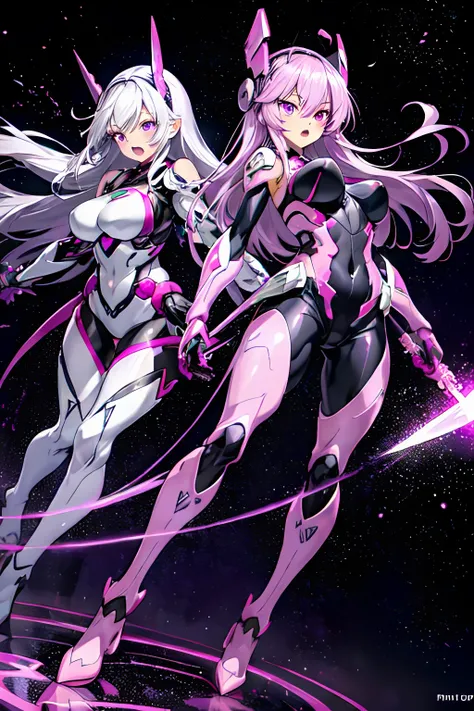 2girls, silver hair, long hair, pink eyes, purple eyes, mecha musume, purple bodysuit, purple headgear, purple knee boots, pink bodysuit, pink headgear, pink knee boots, large breasts, open mouth, angry, holding sword, dual wielding, very wide shot, science fiction, laboratory