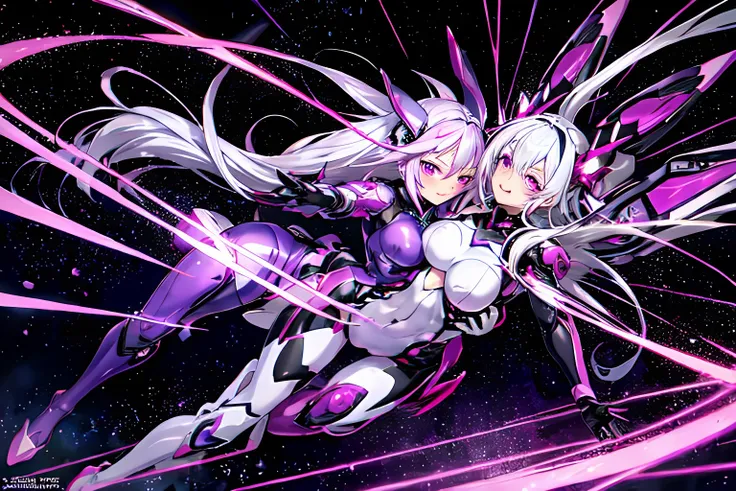2girls, silver hair, long hair, pink eyes, purple eyes, mecha musume, purple bodysuit, purple headgear, purple knee boots, pink bodysuit, pink headgear, pink knee boots, large breasts, hug from behind, hug, one eye closed, smile, blush, science fiction, laboratory