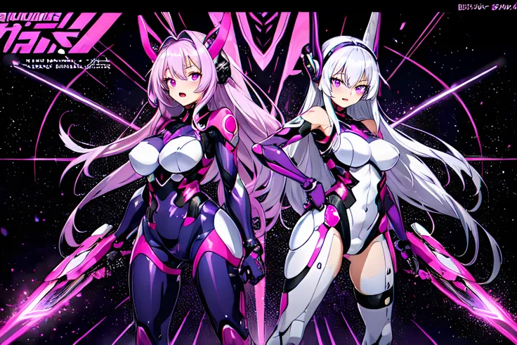 2girls, silver hair, long hair, pink eyes, purple eyes, mecha musume, purple bodysuit, purple headgear, purple knee boots, pink bodysuit, pink headgear, pink knee boots, large breasts, hug from behind, hug, one eye closed, smile, blush, wide shot, science fiction, laboratory