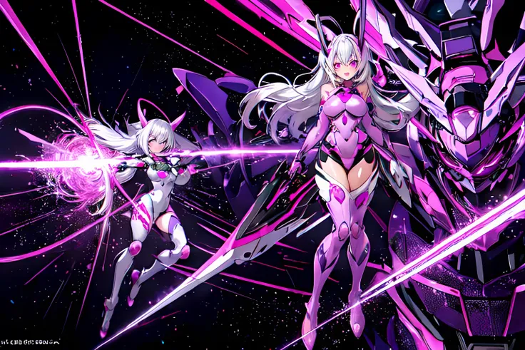 2girls, silver hair, long hair, pink eyes, purple eyes, mecha musume, purple bodysuit, purple headgear, purple knee boots, pink bodysuit, pink headgear, pink knee boots, large breasts, open mouth, holding laser canon, very wide shot, science fiction, laboratory