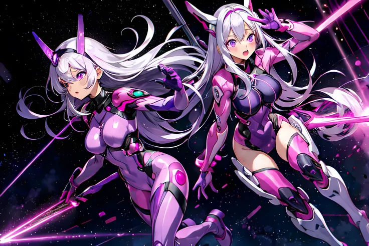 2girls, silver hair, long hair, pink eyes, purple eyes, mecha musume, purple bodysuit, purple headgear, purple knee boots, pink bodysuit, pink headgear, pink knee boots, large breasts, open mouth, holding laser canon, back to back, very wide shot, science fiction, laboratory