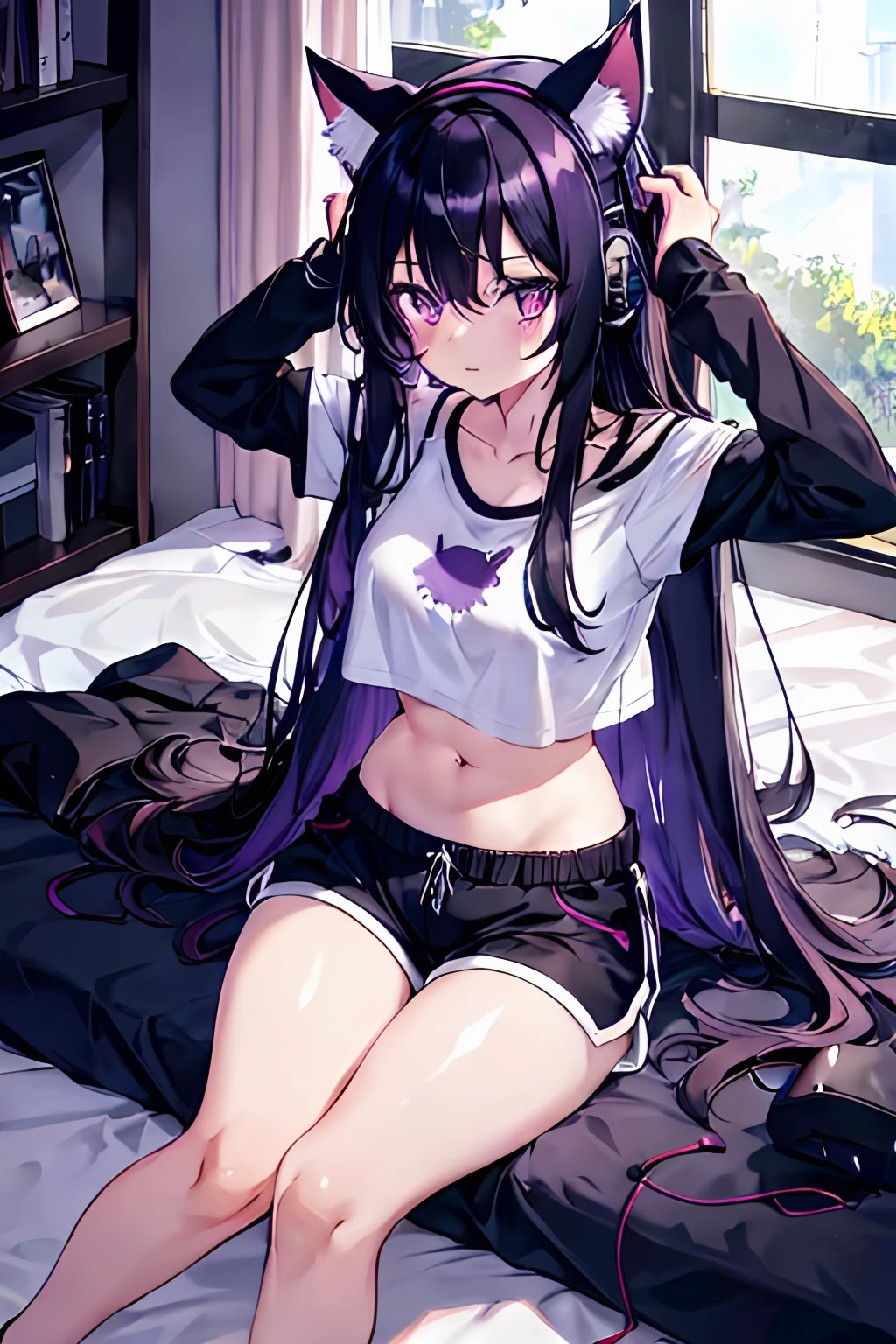 girl, cat ears, black hair, long hair, messy hair, purple eyes, white shirt, midriff peek, large breasts, navel, stomach, black dolphin shorts, thighs, sitting on bed, stretching arms, waking up, gaming headset, bedroom scenery, sunlight through window