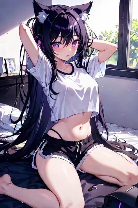 girl, cat ears, black hair, long hair, messy hair, purple eyes, white shirt, midriff peek, large breasts, navel, stomach, black dolphin shorts, thighs, sitting on bed, stretching arms, waking up, gaming headset, bedroom scenery, sunlight through window