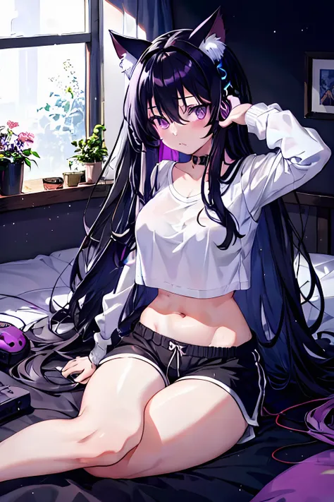 girl, cat ears, black hair, long hair, messy hair, purple eyes, white shirt, midriff peek, large breasts, navel, stomach, black dolphin shorts, thighs, sitting on bed, stretching arms, waking up, gaming headset, bedroom scenery, sunlight through window