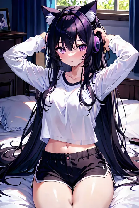 girl, cat ears, black hair, long hair, messy hair, purple eyes, white shirt, midriff peek, large breasts, navel, stomach, black dolphin shorts, thighs, sitting on bed, stretching arms, waking up, gaming headset, bedroom scenery, sunlight through window