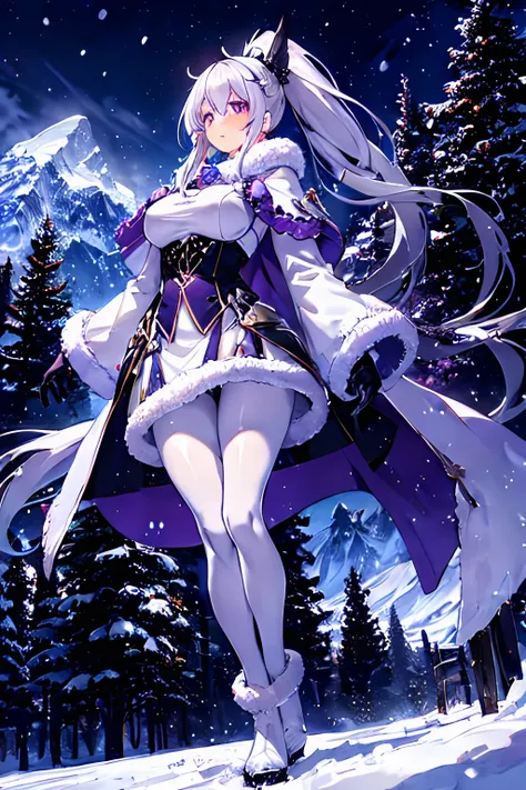 girl, silver hair, long hair, ponytail, purple eyes, large breasts, white fur-trimmed coat, gloves, pantyhose, boots, snow, snowflakes, mountains background