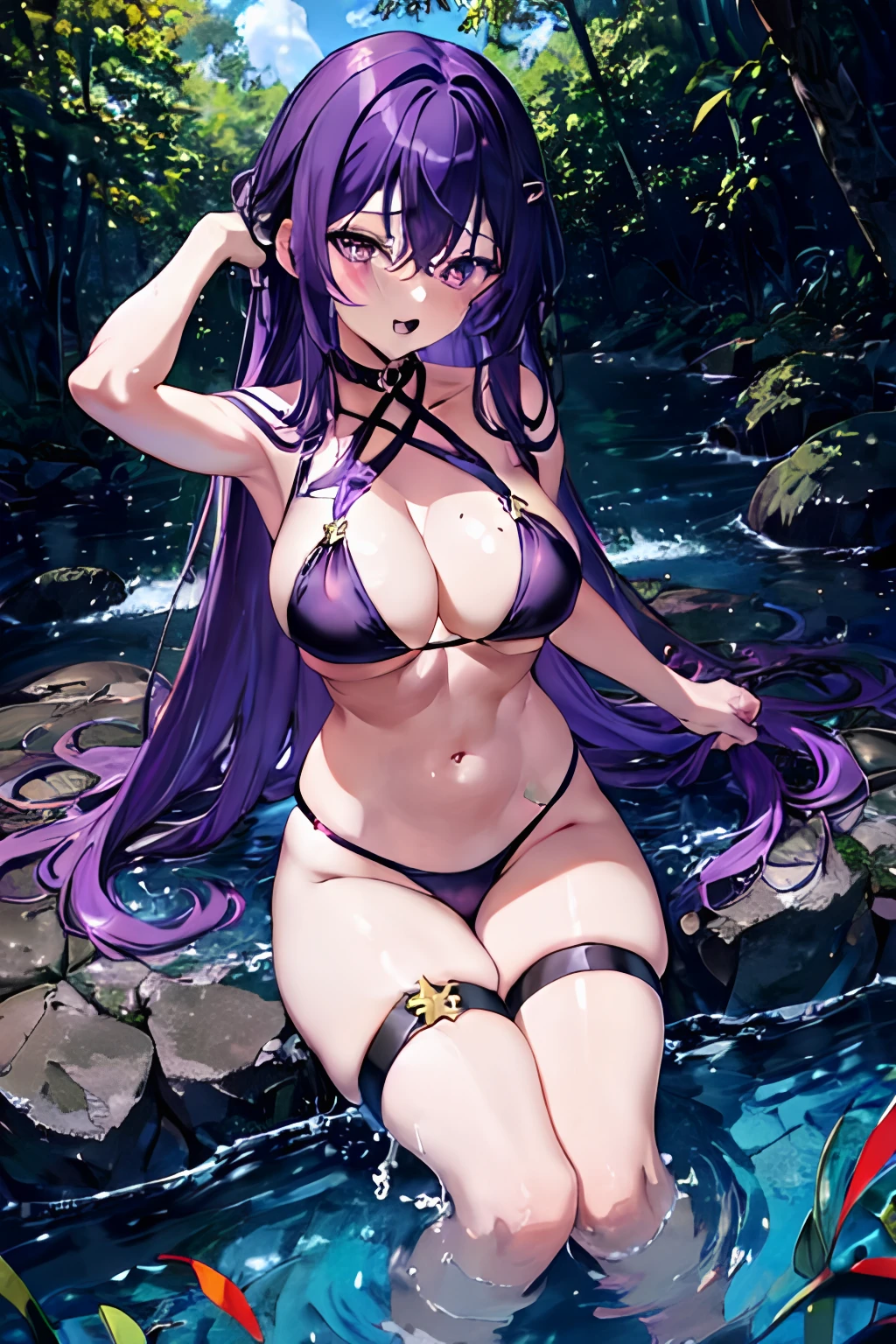 girl, purple hair, long hair, purple eyes, black bikini, thigh strap, large breasts, navel, stomach, thighs, seiza, hand in hair, blush, open mouth, in water, river, stream, forest