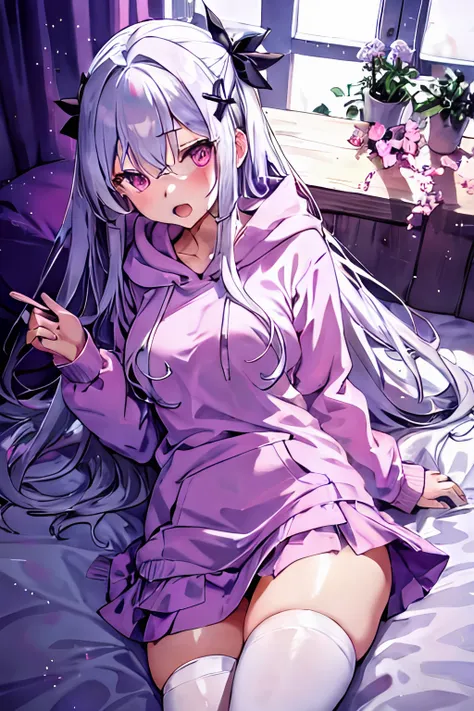 girl, silver hair, long hair, pink eyes, large breasts, white hoodie, purple skirt, open mouth, lollipop, lying on bed, thighs, bedroom scenery