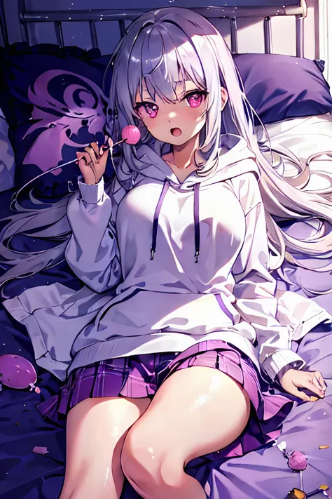 girl, silver hair, long hair, pink eyes, large breasts, white hoodie, purple skirt, open mouth, lollipop, lying on bed, thighs, bedroom scenery