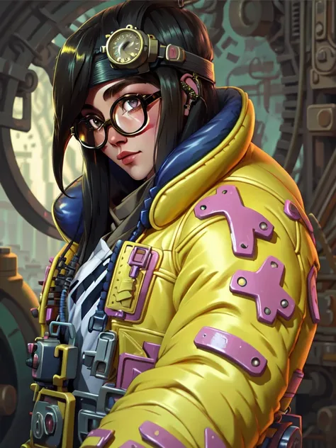 A portrait of kljy, yellow jacket,  with a steampunk setting, highly detailed, with intricate machinery and accessories, in the art style of artists like Jules Verne, H.G. Wells, Hayao Miyazaki, and Simon Stlenhag.