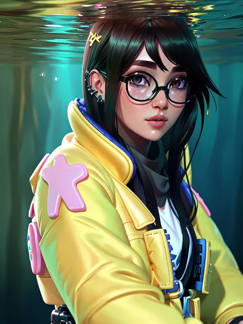 A stunningly realistic portrait of kljy, yellow jacket, in a dreamy underwater scene, featuring intricate details and soft lighting, done in the digital painting style of Ilya Kuvshinov, Michael Garmash, and Kentar Miura.