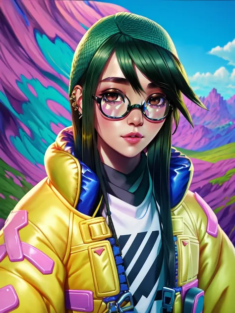 A detailed and vibrant portrait of kljy, yellow jacket, in a fantastical landscape with vibrant colors and intricate details, rendered in an art style that mixes realism with elements of surrealism, done by artists such as Ruan Jia and Yoshitaka Amano.