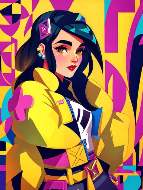 A portrait of kljy, yellow jacket, in a stylized Art Deco or Art Nouveau style, with geometric shapes and bold colors. By Tamara de Lempicka, Gustav Klimt, or Ert.