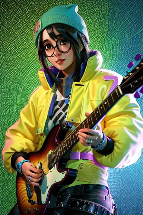 A realistic portrait of a kljy playing a guitar, yellow jacket, surrounded by swirling, colorful music notes in the background, glasses, in the art style of artists called "Esao Andrews", "Stanley Mouse", and "Dan Mumford