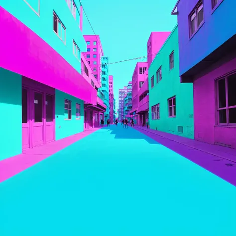 <lora:Color-000150:0.85> magenta, cyan, urban street scene