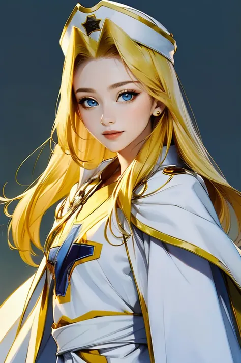 cowboy shot, light smile, <lora:mint_adenade:1> mint_adenade, blue eyes, blonde hair, white robe, hat,, ultra detailed, masterpiece, best quality,