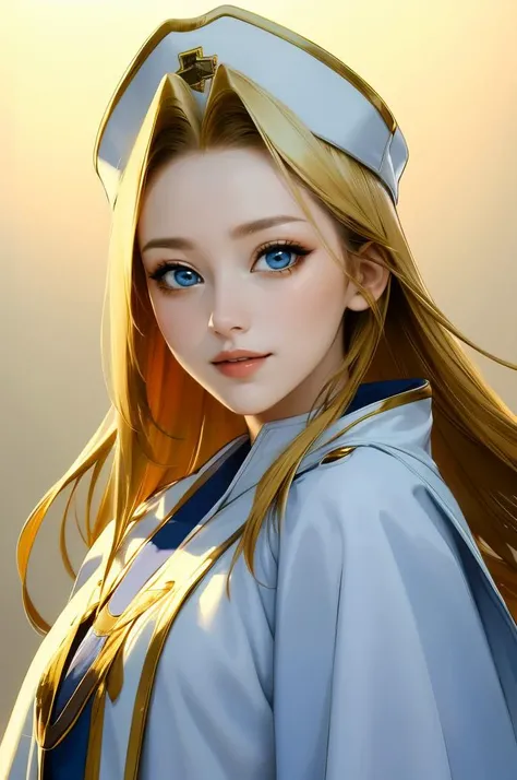 cowboy shot, light smile, <lora:mint_adenade:1> mint_adenade, blue eyes, blonde hair, white robe, hat,, ultra detailed, masterpiece, best quality,