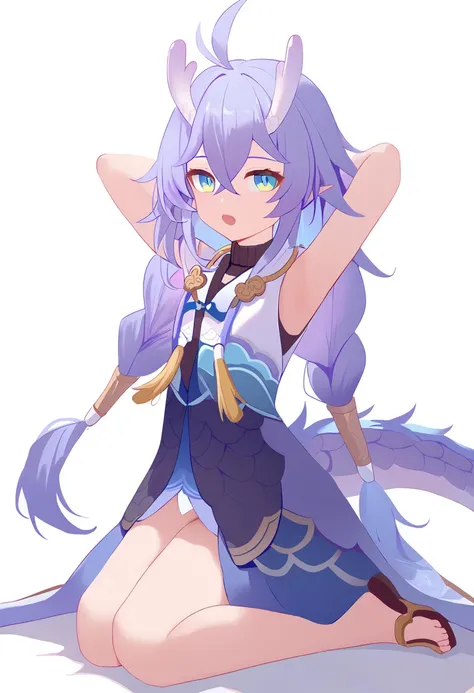 score_9,bailu \(honkai star rail\),1girl,dragon tail,dragon horns,dragon girl,solo,twin braids,open mouth,ahogekneeling, arms behind head, seiza,solo,looking at viewer,flower,full body,simple background,white background,score_9,<lora:pony_char_bailu_(honkai_star_rail)-000018:1>