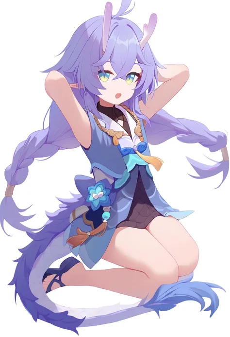 score_9,kneeling, arms behind head, seiza,solo,looking at viewer,flower,full body,simple background,white background,score_9,bailu \(honkai star rail\),1girl,dragon tail,dragon horns,dragon girl,solo,twin braids,open mouth,ahoge,<lora:pony_char_bailu_(honkai_star_rail)-000018:1>