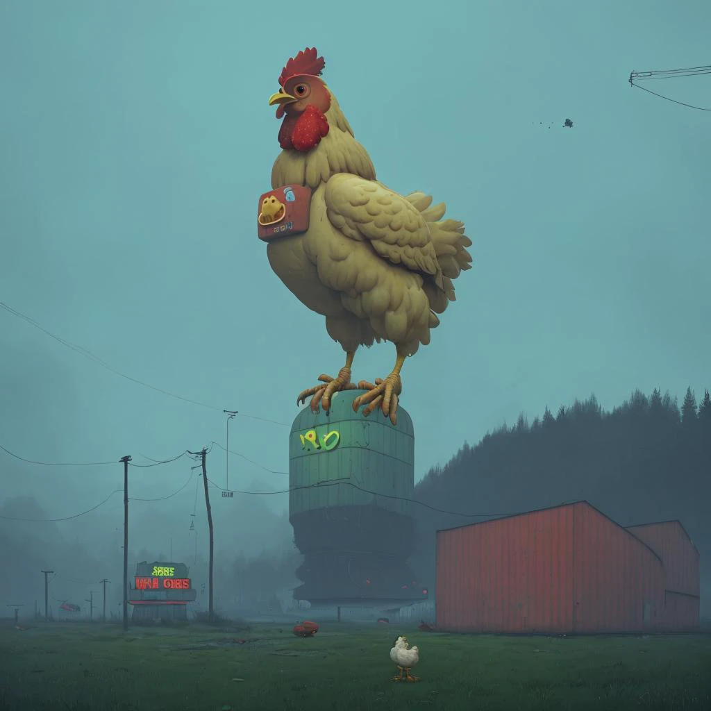 <lora:Simon_Stalenhag_TFTL-000003:1> Simon Stalenhag, chicken