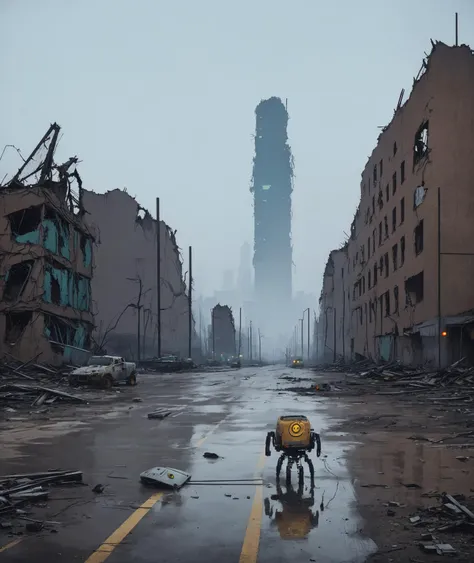 a post apocalyptic city has automatic repair robot tracked vehicles driving down the ruined street repairing buildings
<lora:Simon_Stalenhag_TFTL-000003:1> (simon stalenhag)