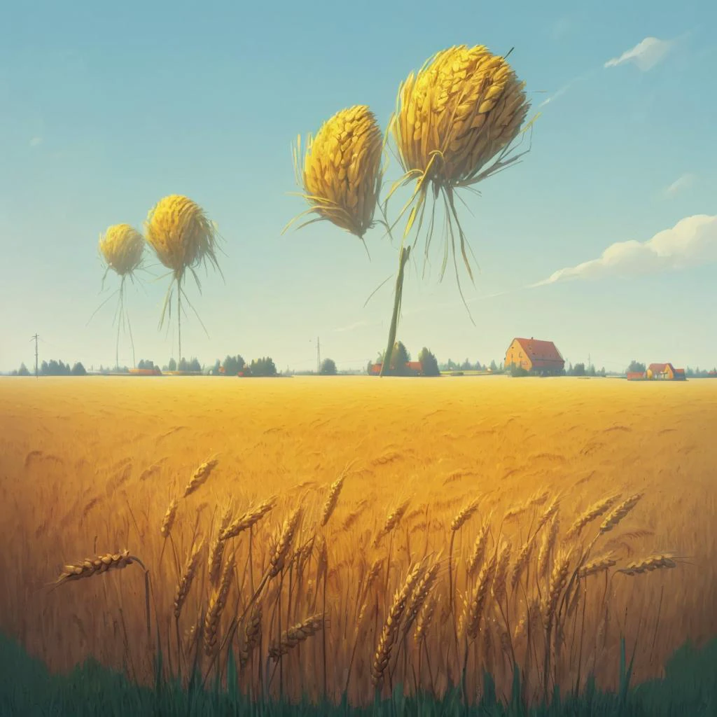 <lora:Simon_Stalenhag_TFTL-000003:1> Simon Stalenhag, wheat field, sunny day
