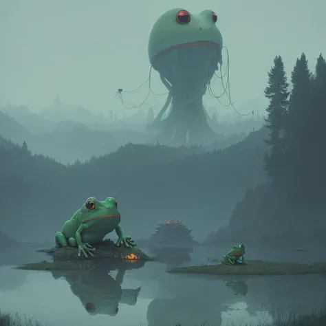<lora:Simon_Stalenhag_TFTL-000003:1> Simon Stalenhag, frog in a lake
