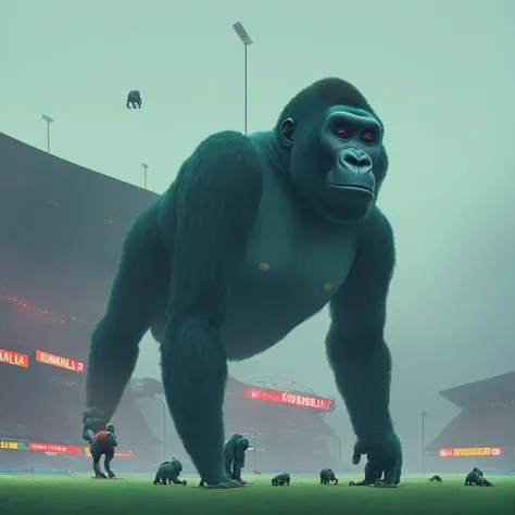 <lora:Simon_Stalenhag_TFTL-000003:1> Simon Stalenhag, gorilla in a soccer stadium