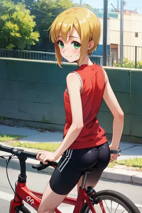 (masterpiece, best-quality), wearing black gym suit, and bike shorts, on bicycle, riding a bicycle, cycling, road, road railing, sea, perfect anatomy, (1boy, solo:1), (medium shot from behind:1), eye contact look back looking at viewer, nose blush, ass focus, shiny skin, happy closed mouth smile, adorable face, <lora:boku no pico ova-lora-nochekaiser:0.7> bokunopico, (pico:1), short hair, blonde hair, (green eyes:1), (flat chest:1), volumetric lighting