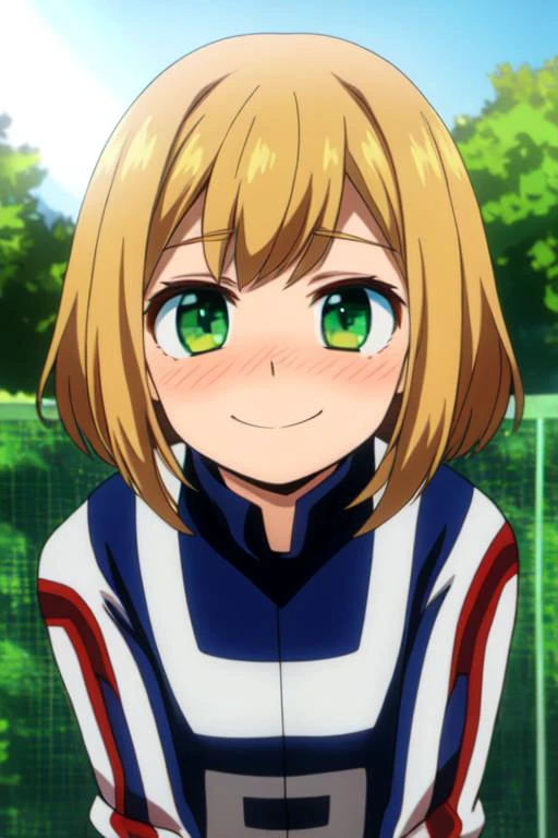 sfw, (masterpiece, best quality:1.2), perfect anatomy, (1boy, solo:1), straight on looking at viewer, outside, nose blush, shiny skin, happy closed mouth smile, adorable face, <lora:boku no pico ova-lora-nochekaiser:0.7> bokunopico, (pico:1), short blonde hair, (green eyes:1), flat chest, volumetric lighting, <lora:my_hero_academia_gym_uniform:1>, my_hero_academia_gym_uniform