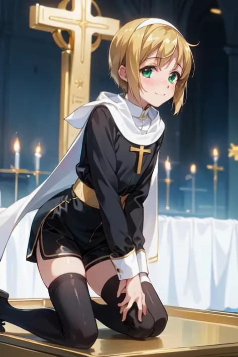 (masterpiece, best quality:1.2), perfect anatomy, (1boy, solo:1), {kneeling}, simple beautiful church background, (full shot), hands claps together, eye contact looking at viewer, nose blush, shiny skin, happy closed mouth smile, adorable face, (altar boy, black cassock, black long sleeves, black shorts, black thighhighes, white and gold choir collar shawl, white stole vestments, gold sash, gold cross necklace:1.2), <lora:boku no pico ova-lora-nochekaiser:0.7> bokunopico, (pico:1), short hair, blonde hair, (green eyes:1), (flat chest:1), volumetric lighting