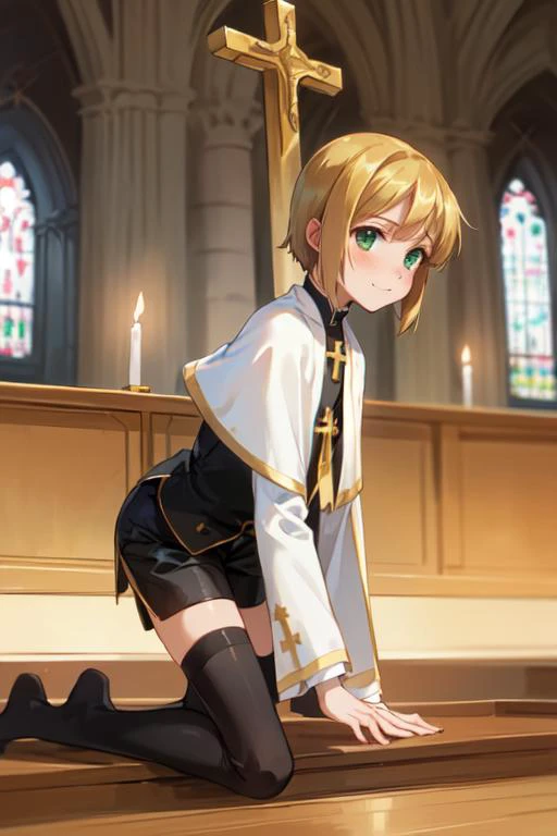 (masterpiece, best quality:1.2), perfect anatomy, (1boy, solo:1), {kneeling}, inside simple beautiful church background, (medium shot from front), (hands claps together:1), eye contact looking at viewer, nose blush, shiny skin, happy closed mouth smile, adorable face, (altar boy, black cassock, black long sleeves, black shorts, black thighhighes, white and gold choir collar shawl, white stole vestments, gold sash, gold cross necklace:1.2), <lora:boku no pico ova-lora-nochekaiser:0.7> bokunopico, (pico:1), short hair, blonde hair, (green eyes:1), (flat chest:1), volumetric lighting