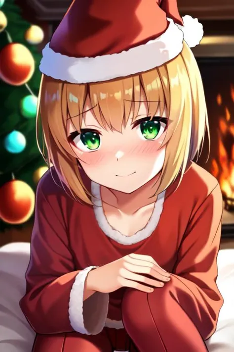 sfw, (masterpiece, best quality:1.2), absurdres, perfect anatomy, (1boy, solo:1), from above, looking at viewer, Livingroom fireplace, Christmas theme, sitting on knees, (red pants, Santa hat, Santa custome santa shirt, santa coat:1.5), (Christmas bow on side of head), Christmas theme, large Christmas tree, nose blush, shiny skin, adorable face, <lora:boku no pico ova-lora-nochekaiser:0.8> bokunopico, pico, short blonde hair, (green eyes:1), flat chest, volumetric lighting