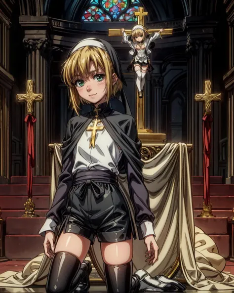 (masterpiece, best quality:1.2), <lora:add_detail:1>, perfect anatomy, (1boy, solo:1), {kneeling}, inside simple beautiful church background, (medium shot from front), (hands claps together:1), eye contact looking at viewer, nose blush, shiny skin, happy closed mouth smile, adorable face, (altar boy, black cassock, black long sleeves, black shorts, black thighhighes, white and gold choir collar shawl, white stole vestments, gold sash, gold cross necklace:1.2), <lora:boku no pico ova-lora-nochekaiser:0.7> bokunopico, (pico:1), short hair, blonde hair, (green eyes:1), (flat chest:1), volumetric lighting