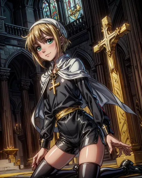 (masterpiece, best quality:1.2), <lora:add_detail:1>, perfect anatomy, (1boy, solo:1), {kneeling}, inside simple beautiful church background, (medium shot from front), (hands claps together:1), eye contact looking at viewer, nose blush, shiny skin, happy closed mouth smile, adorable face, (altar boy, black cassock, black long sleeves, black shorts, black thighhighes, white and gold choir collar shawl, white stole vestments, gold sash, gold cross necklace:1.2), <lora:boku no pico ova-lora-nochekaiser:0.7> bokunopico, (pico:1), short hair, blonde hair, (green eyes:1), (flat chest:1), volumetric lighting