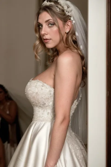 full body,<lora:autumnjade:1>,autumnjade,milf,makeup,((((wedding dress)))),big boobed,from side,, <lora:add_detail:1>, photorealistic photo,highly detailed 8k photo,hyperrealism,, Fujifilm X-T3,1/1250sec at f/2.8,ISO 160,84mm,RAW photo,Uplight,wide shot,ideal face template,film grain,distance from camera,RAW Photo, DSLR,